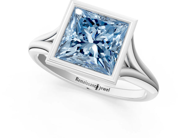Platinum Bezel Set Fancy Blue Princess  Cut Solitaire Ring with Tapered Band