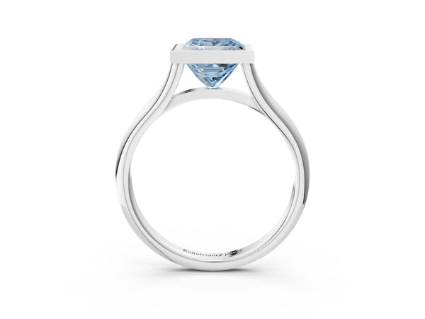 Platinum Bezel Set Fancy Blue Princess  Cut Solitaire Ring with Tapered Band