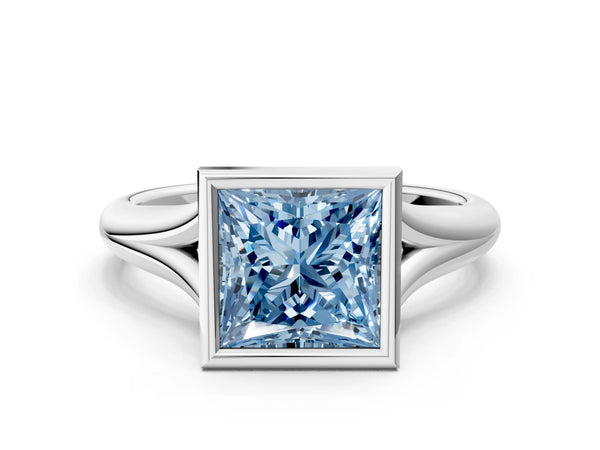 Platinum Bezel Set Fancy Blue Princess  Solitaire Diamond Ring with Smooth Band