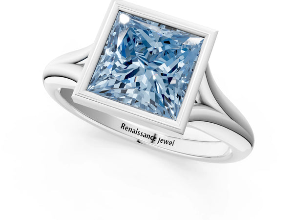 Platinum Bezel Set Fancy Blue Princess  Solitaire Diamond Ring with Smooth Band