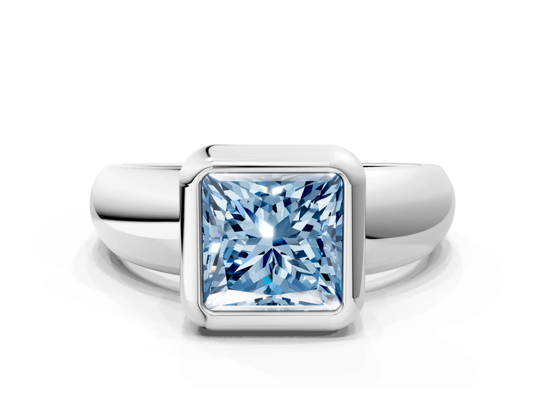 Platinum Bezel Set Fancy Blue Princess  Solitaire Ring with Wide Band 1