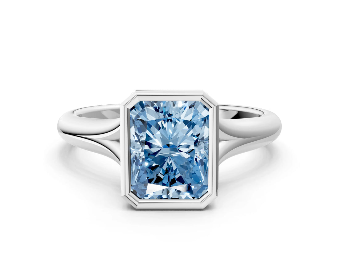 Platinum Bezel Set Fancy Blue Radiant  Solitaire Diamond Ring with Smooth Band 1