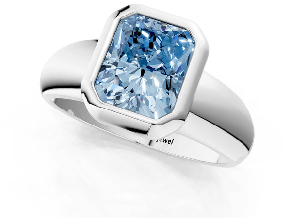 Platinum Bezel Set Fancy Blue Radiant  Solitaire Ring with Wide Band