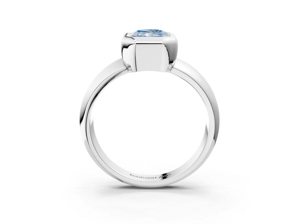 Platinum Bezel Set Fancy Blue Radiant  Solitaire Ring with Wide Band