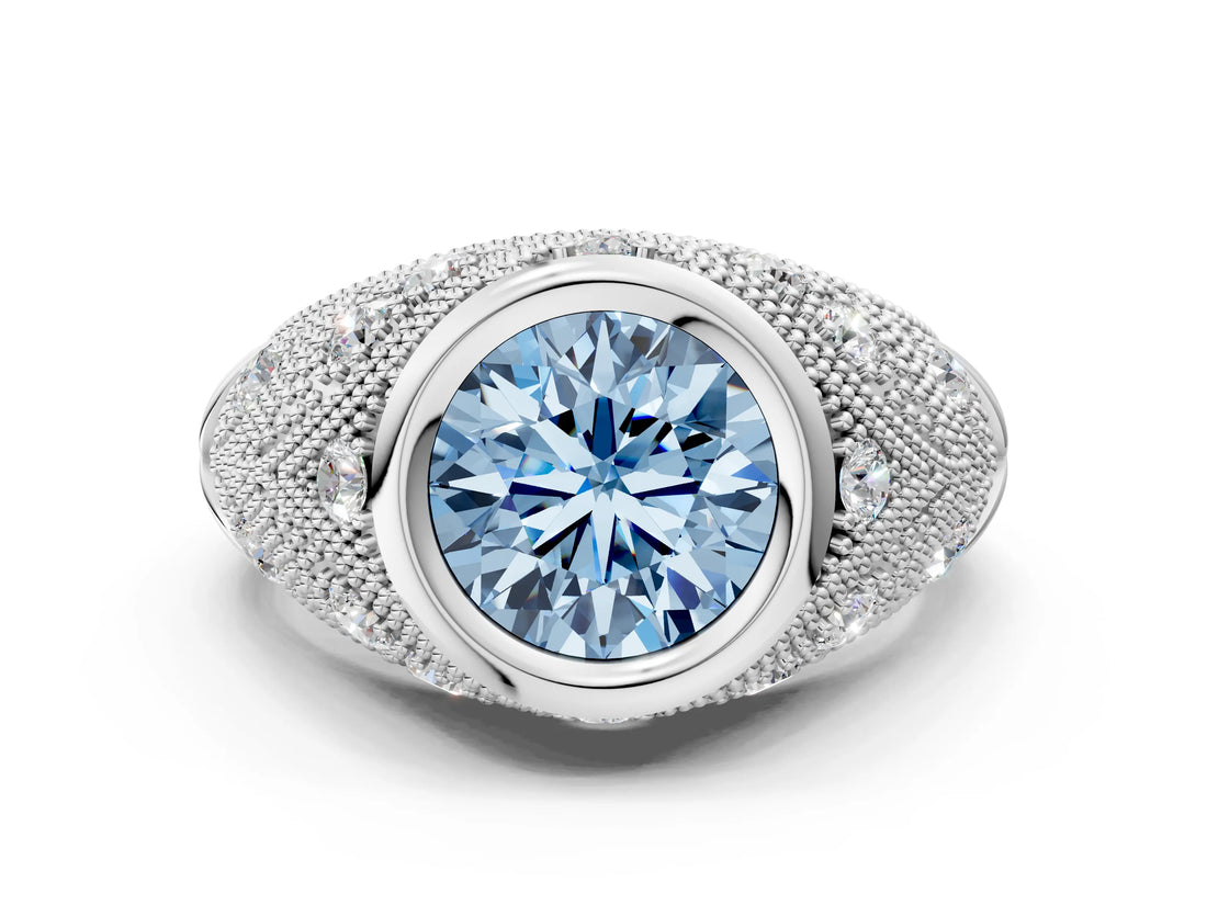 Platinum Bezel Set Fancy Blue Round Cut Diamond Milgrain Band Ring_12