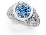 Platinum Bezel Set Fancy Blue Round Cut Diamond Milgrain Band Ring_13