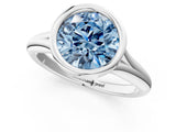 Platinum Bezel Set Fancy Blue Round  Solitaire Diamond Ring with Smooth Band 1