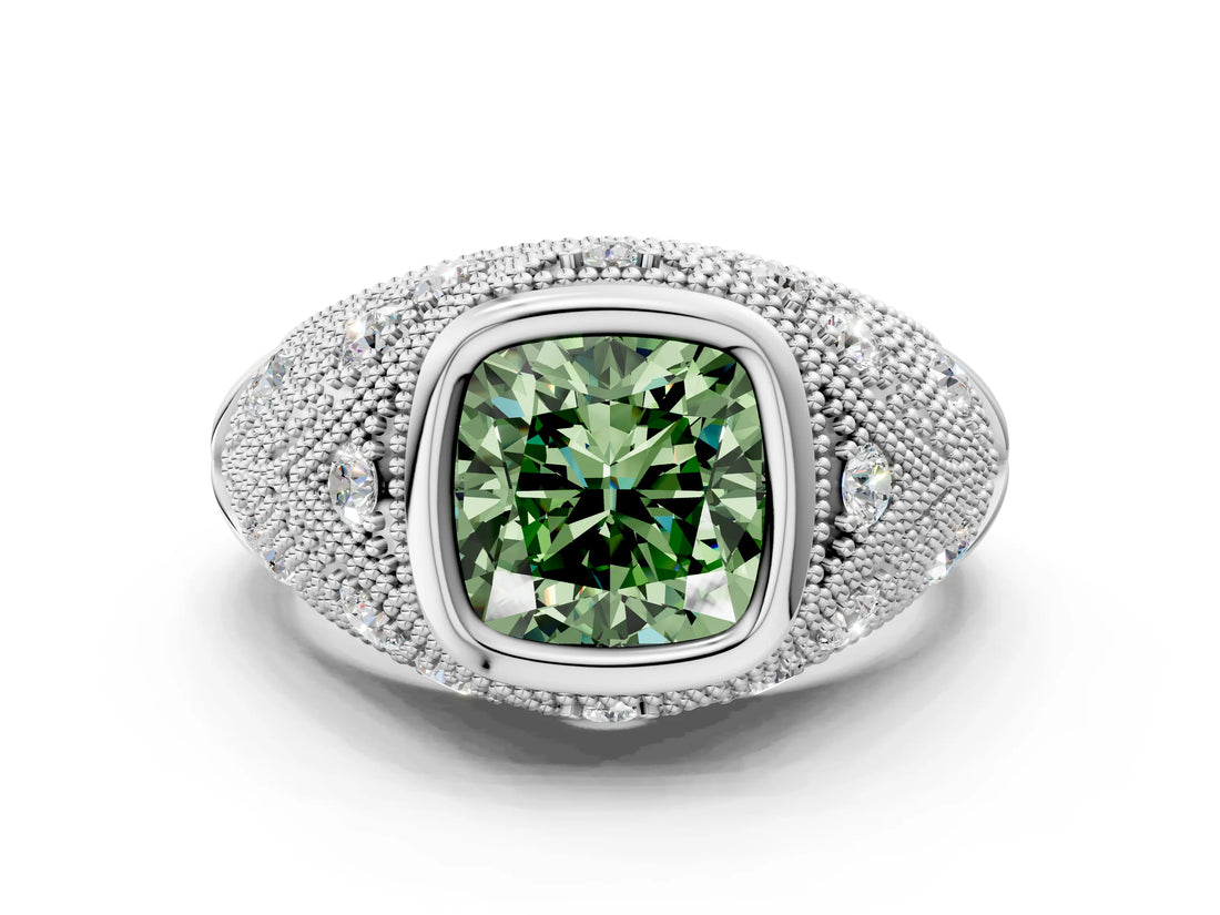 Platinum Bezel Set Fancy Green Cushion Cut Diamond Milgrain Band Ring_12