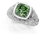 Platinum Bezel Set Fancy Green Cushion Cut Diamond Milgrain Band Ring_13