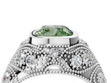 Platinum Bezel Set Fancy Green Cushion Cut Diamond Milgrain Band Ring_16
