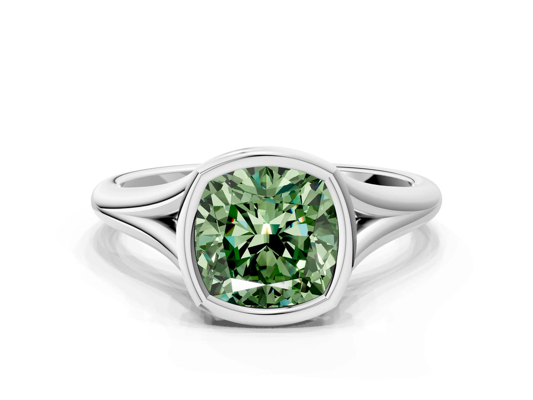 Platinum Bezel Set Fancy Green Cushion  Cut Solitaire Ring with Tapered Band 1