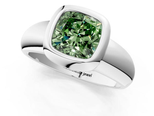 Platinum Bezel Set Fancy Green Cushion  Solitaire Ring with Wide Band
