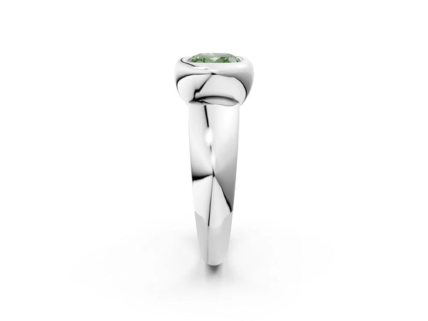 Platinum Bezel Set Fancy Green Cushion  Solitaire Ring with Wide Band