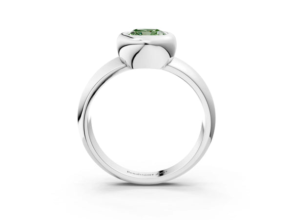 Platinum Bezel Set Fancy Green Cushion  Solitaire Ring with Wide Band