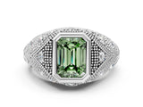 Platinum Bezel Set Fancy Green Emerald Cut Diamond Milgrain Band Ring_12