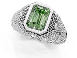 Platinum Bezel Set Fancy Green Emerald Cut Diamond Milgrain Band Ring_13