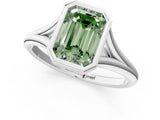Platinum Bezel Set Fancy Green Emerald  Cut Solitaire Ring with Tapered Band 1