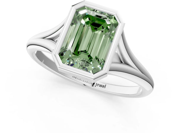 Platinum Bezel Set Fancy Green Emerald  Cut Solitaire Ring with Tapered Band