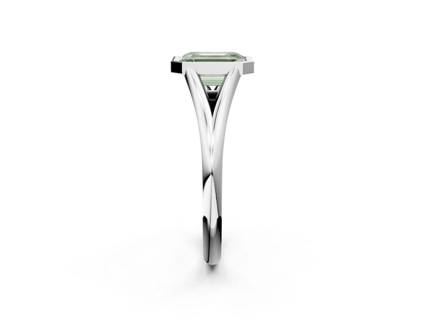 Platinum Bezel Set Fancy Green Emerald  Cut Solitaire Ring with Tapered Band