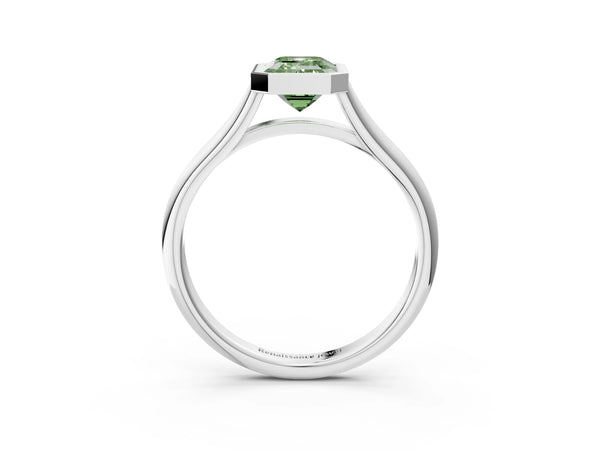 Platinum Bezel Set Fancy Green Emerald  Cut Solitaire Ring with Tapered Band