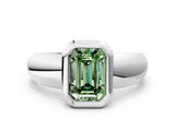 Platinum Bezel Set Fancy Green Emerald  Solitaire Ring with Wide Band 1