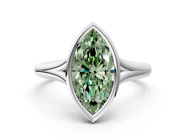 Platinum Bezel Set Fancy Green Marquise  Solitaire Diamond Ring with Smooth Band