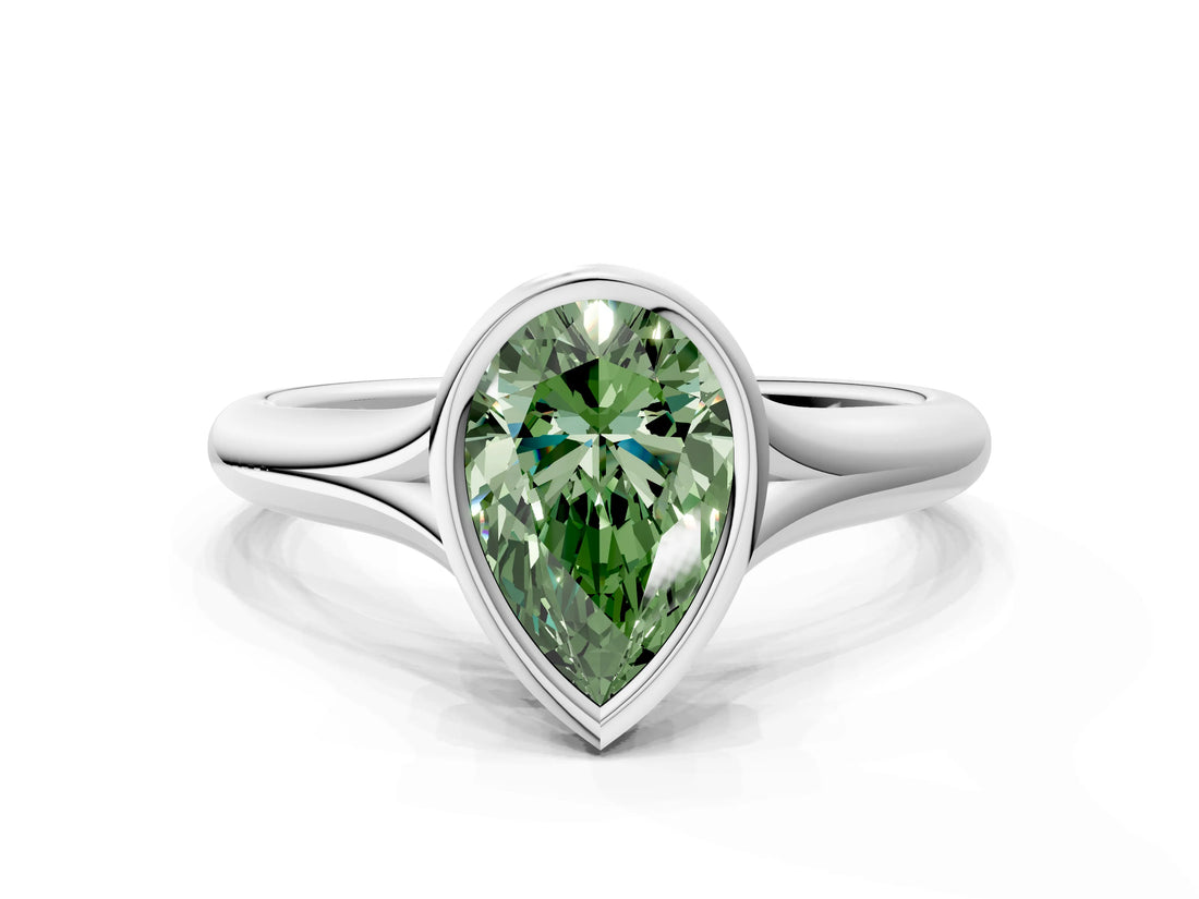 Platinum Bezel Set Fancy Green Pear  Solitaire Diamond Ring with Smooth Band 1