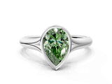 Platinum Bezel Set Fancy Green Pear  Solitaire Diamond Ring with Smooth Band 1