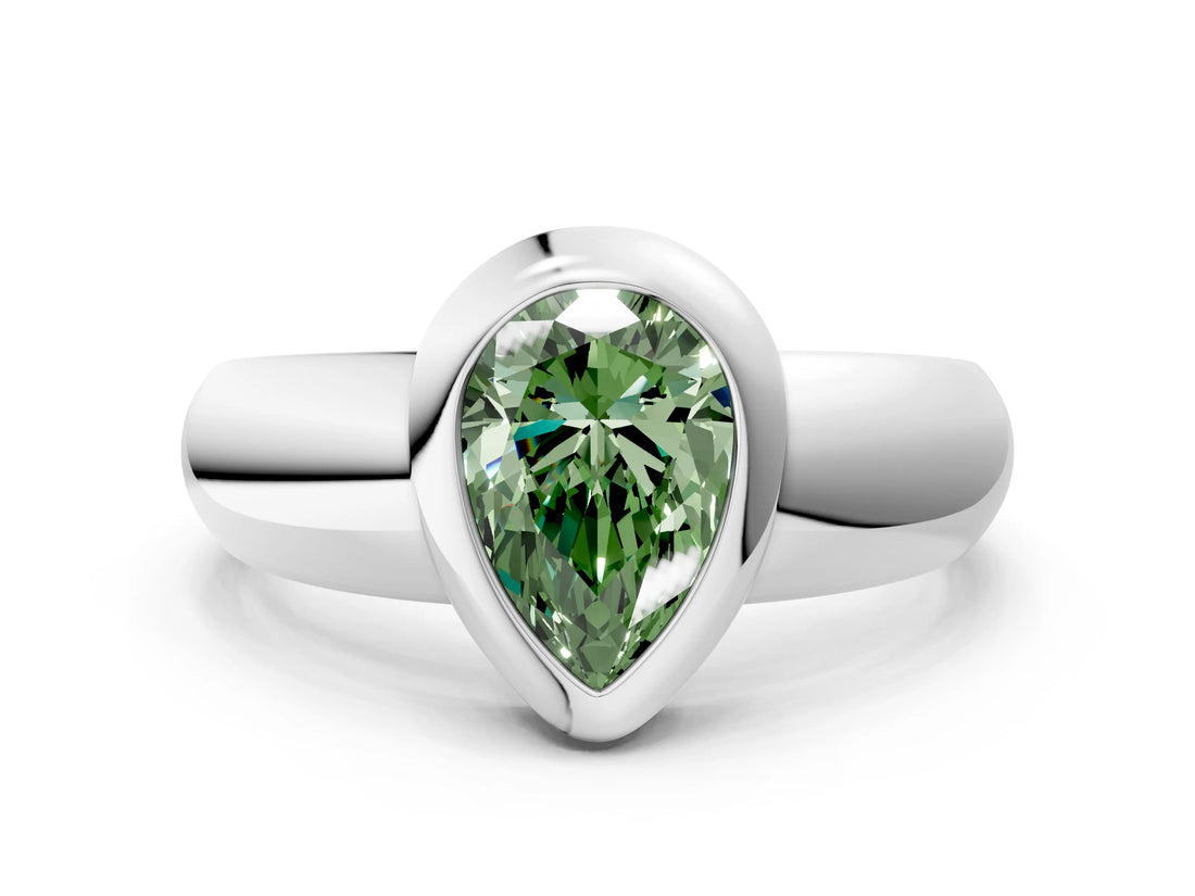 Platinum Bezel Set Fancy Green Pear  Solitaire Ring with Wide Band