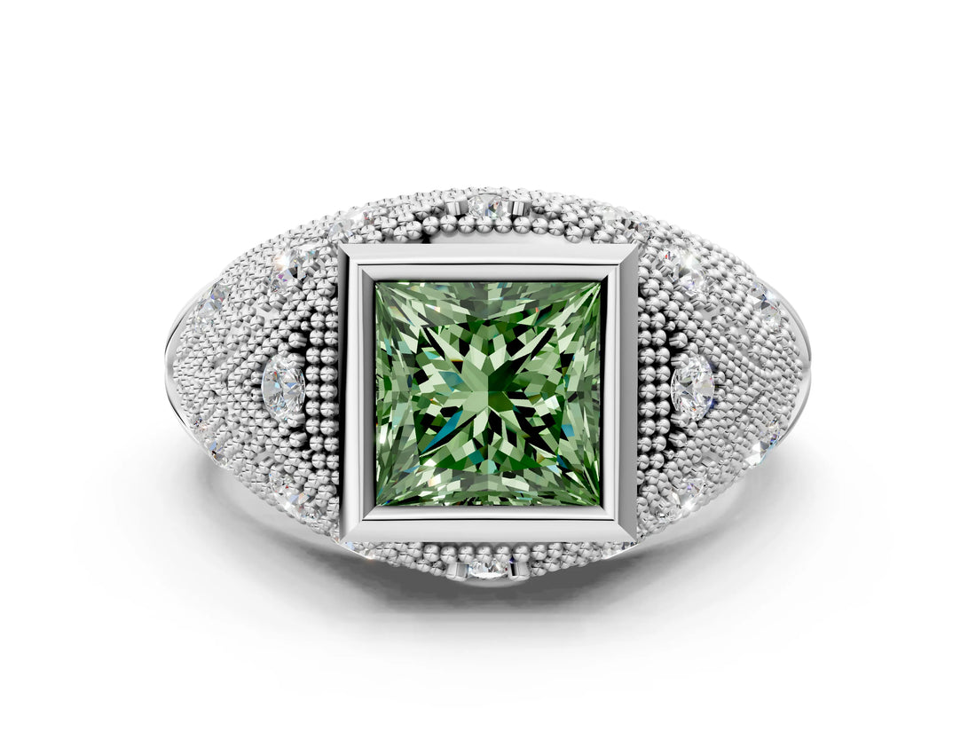 Platinum Bezel Set Fancy Green Princess Cut Diamond Milgrain Band Ring_6