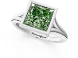 Platinum Bezel Set Fancy Green Princess  Solitaire Diamond Ring with Smooth Band 2