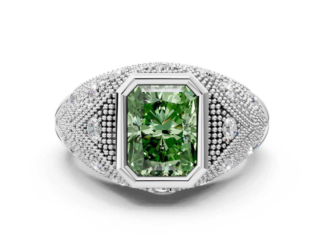 Platinum Bezel Set Fancy Green Radiant Cut Diamond Milgrain Band Ring_6