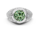 Platinum Bezel Set Fancy Green Round Cut Diamond Milgrain Band Ring_12