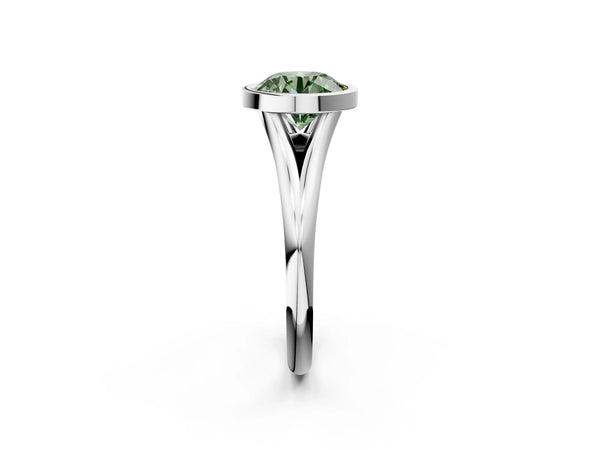 Platinum Bezel Set Fancy Green Round  Cut Solitaire Ring with Tapered Band