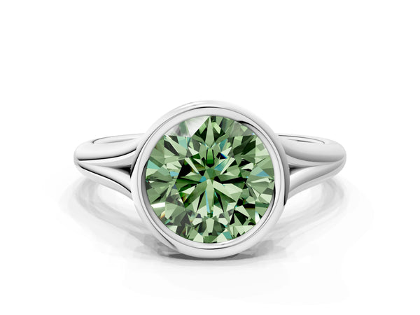 Platinum Bezel Set Fancy Green Round  Cut Solitaire Ring with Tapered Band