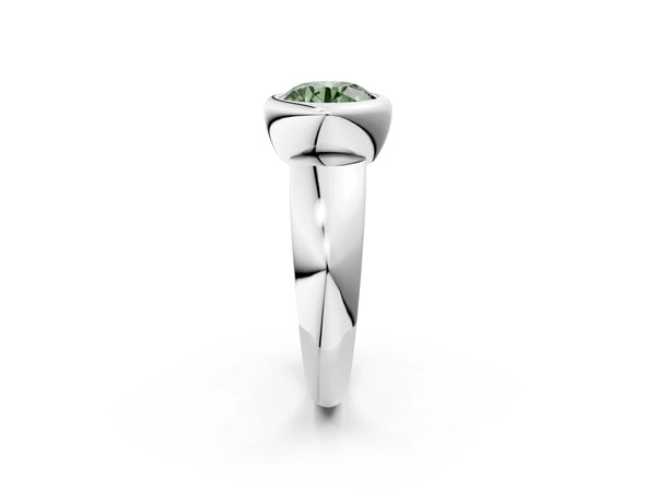 Platinum Bezel Set Fancy Green Round  Solitaire Ring with Wide Band