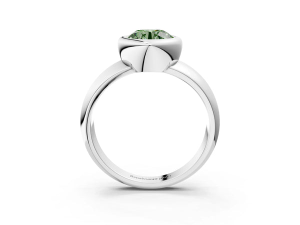 Platinum Bezel Set Fancy Green Round  Solitaire Ring with Wide Band