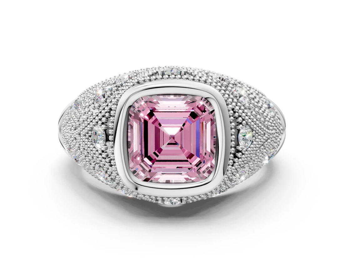Platinum Bezel Set Fancy Pink Asscher Cut Diamond Milgrain Band Ring_12