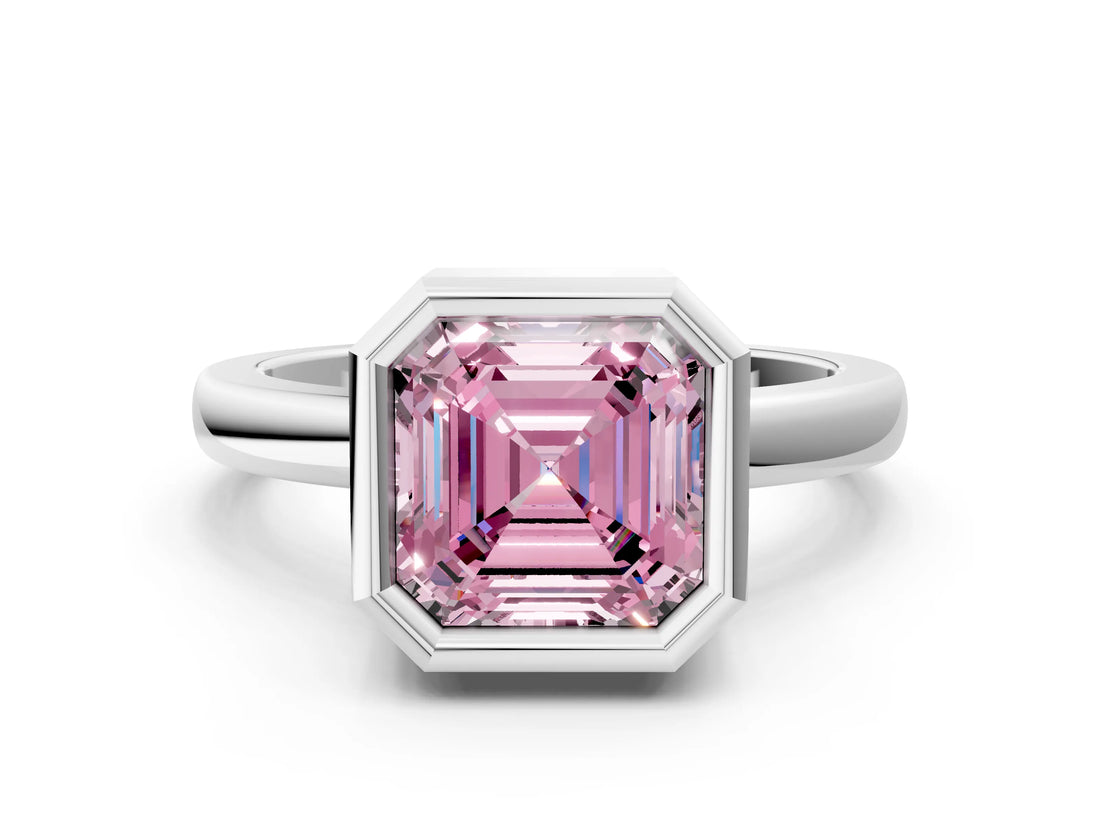 Platinum Bezel Set Fancy Pink Asscher Cut Solitaire Engagement Ring with Classic Band_6