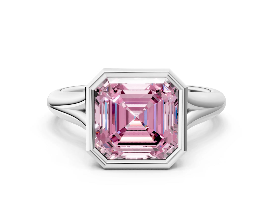 Platinum Bezel Set Fancy Pink Asscher  Solitaire Diamond Ring with Smooth Band 1