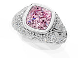 Platinum Bezel Set Fancy Pink Cushion Cut Diamond Milgrain Band Ring_13