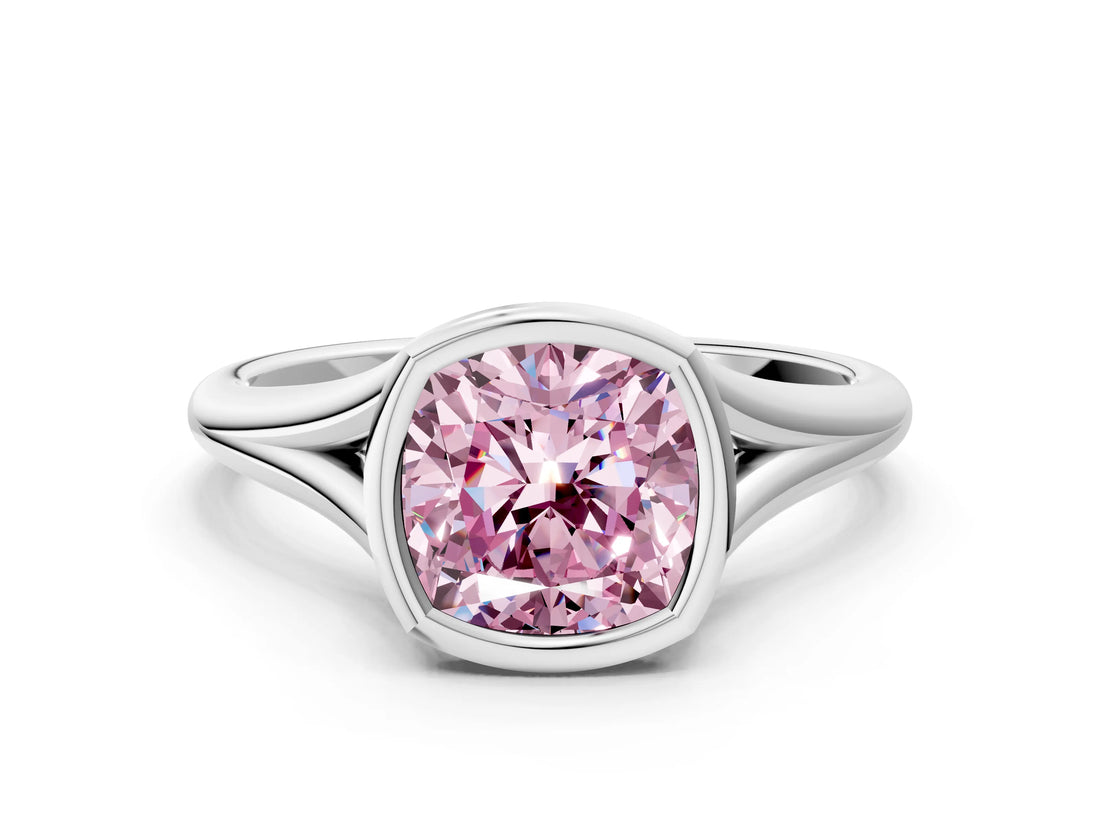 Platinum Bezel Set Fancy Pink Cushion  Cut Solitaire Ring with Tapered Band