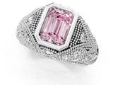 Platinum Bezel Set Fancy Pink Emerald Cut Diamond Milgrain Band Ring_13
