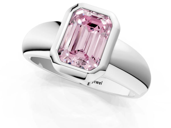 Platinum Bezel Set Fancy Pink Emerald  Solitaire Ring with Wide Band