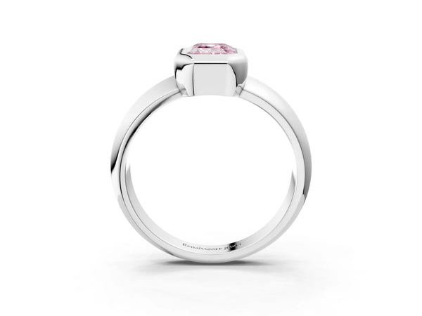 Platinum Bezel Set Fancy Pink Emerald  Solitaire Ring with Wide Band