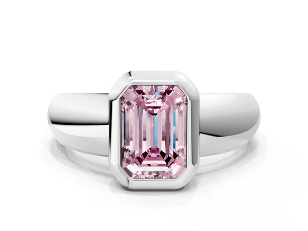 Platinum Bezel Set Fancy Pink Emerald  Solitaire Ring with Wide Band
