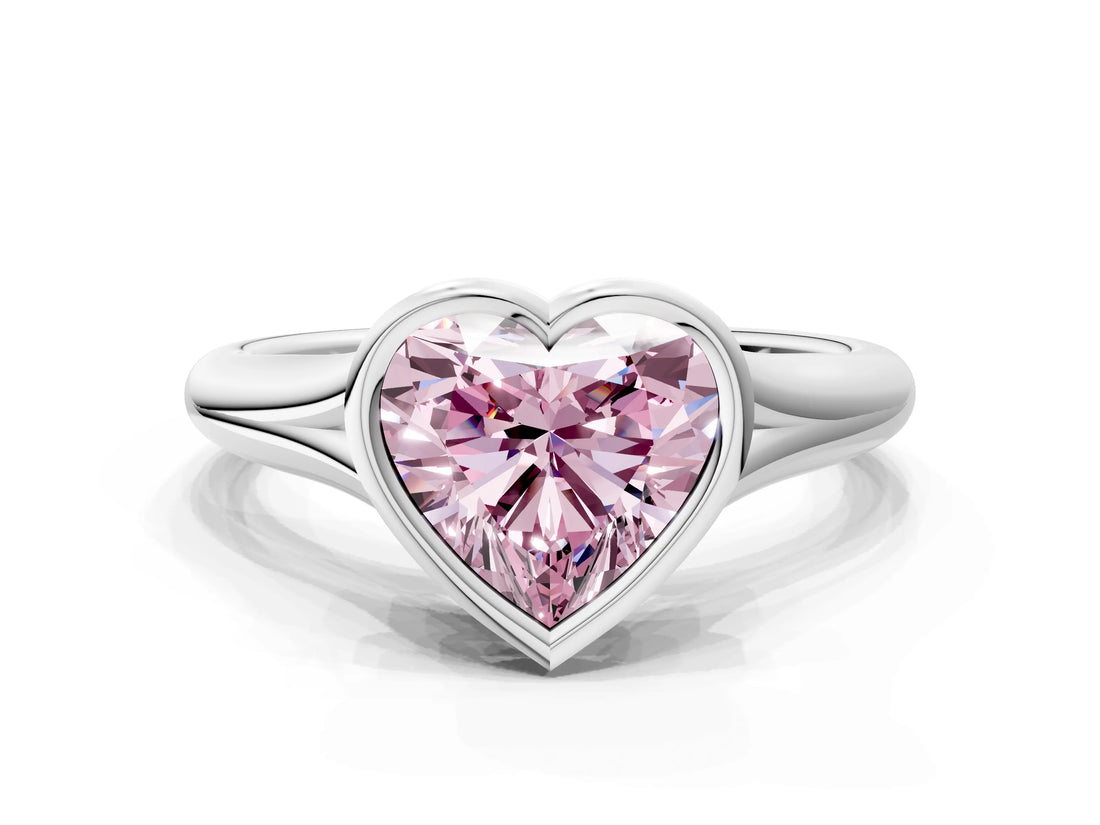Platinum Bezel Set Fancy Pink Heart  Solitaire Diamond Ring with Smooth Band