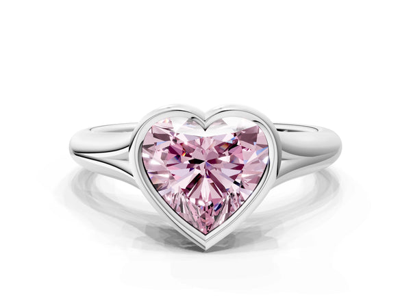 Platinum Bezel Set Fancy Pink Heart  Solitaire Diamond Ring with Smooth Band