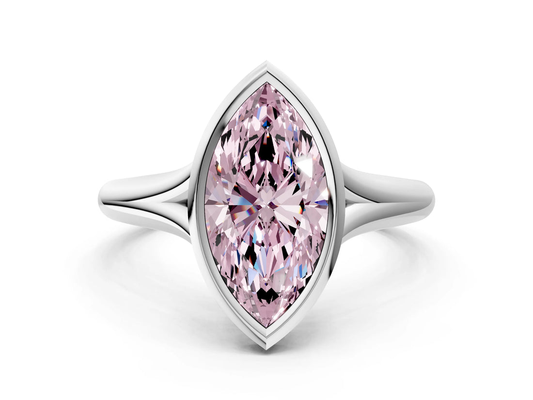 Platinum Bezel Set Fancy Pink Marquise  Solitaire Diamond Ring with Smooth Band