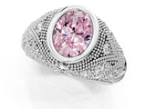 Platinum Bezel Set Fancy Pink Oval Cut Diamond Milgrain Band Ring_7